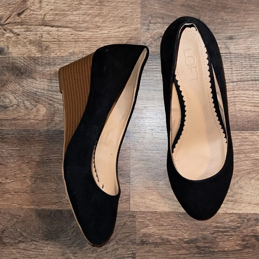 LOFT Black Suede Wedge Pumps